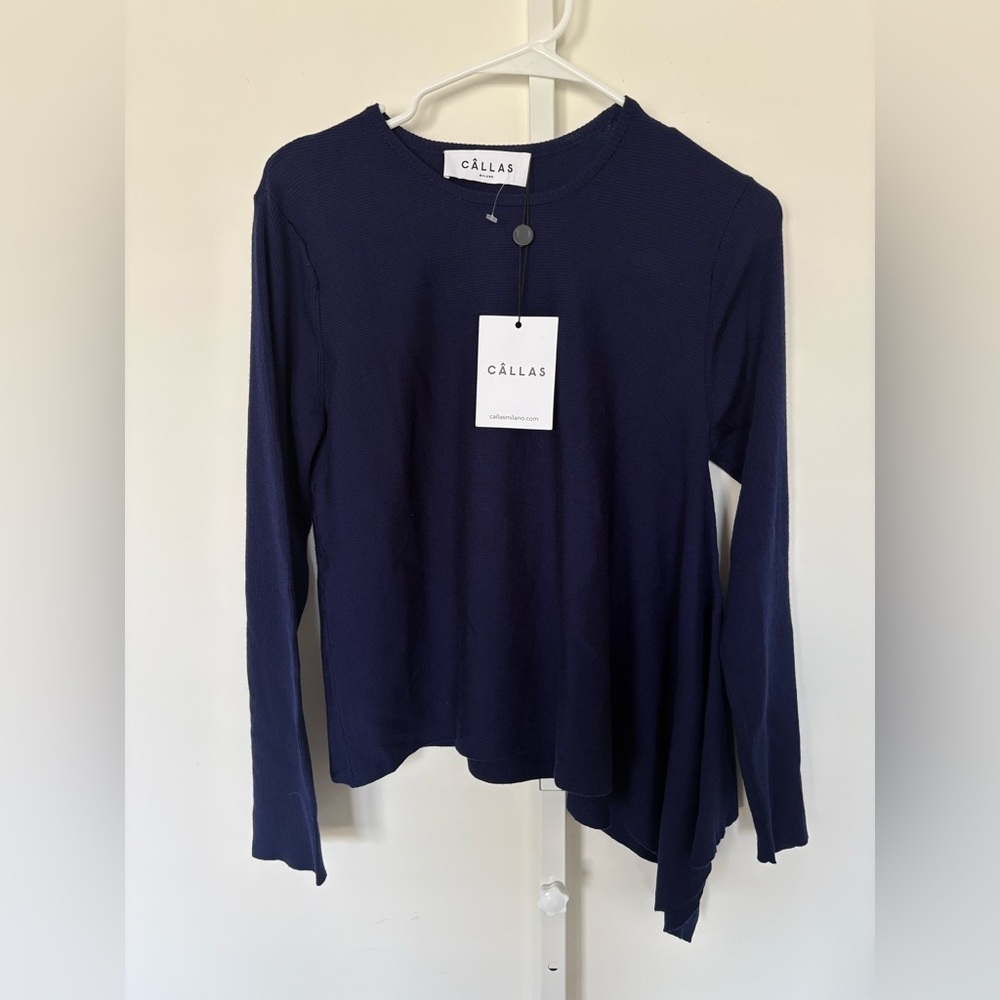 Callas Milano Asymmetrical Wool Knit Top Navy Long Sleeve Italy Sz S NWT